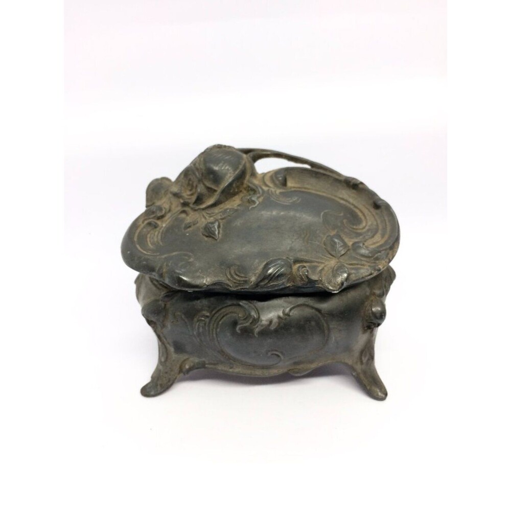VINTAGE ART NOUVEAU Jewelry Box Trinket Casket Rose Repousse Metal Footed As Is